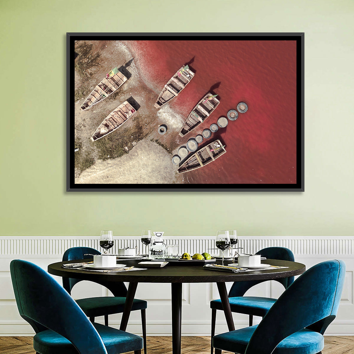 Wooden Boats on Lake Retba Wall Art in a room, landscape
