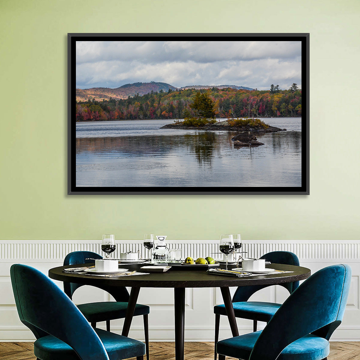 Lake Umbagog Autumn Reflection Wall Art in a room, landscape