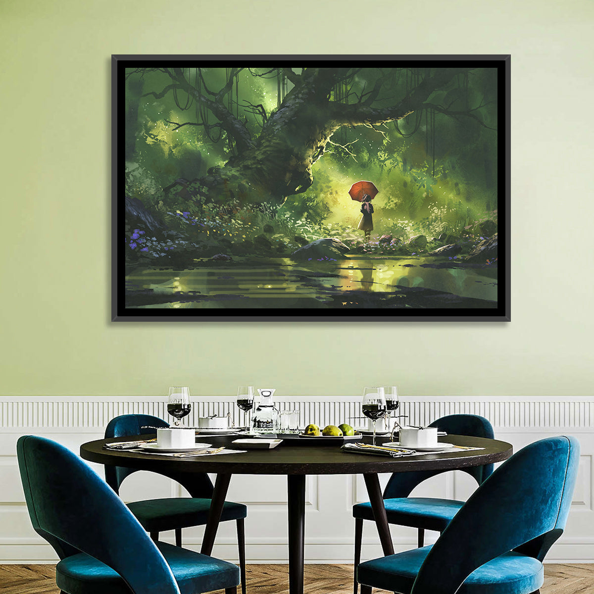 Girl with Umbrella in Mysterious Forest Wall Art in a room, landscape
