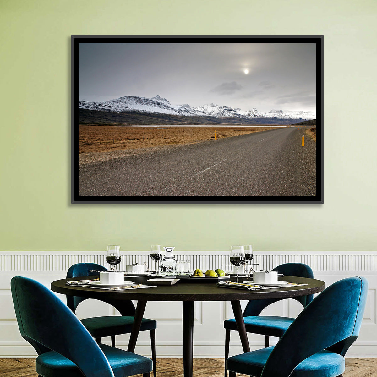 Icelandic Road to Snow-capped Mountains Wall Art in a room, landscape