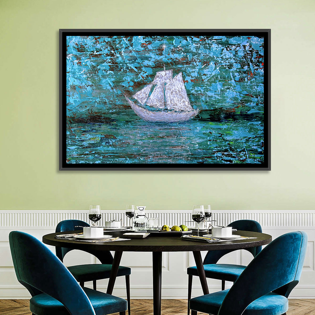 White Sailboat Reflection Wall Art in a room, landscape