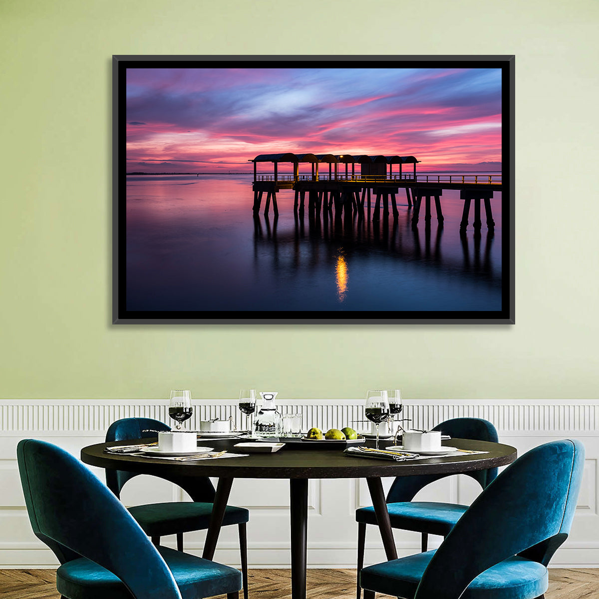 Jekyll Island Dusk Pier Wall Art in a room, landscape