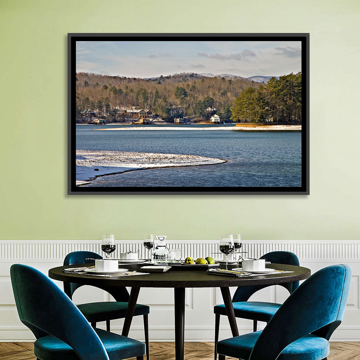 Lake Burton Winter Shoreline Wall Art in a room, landscape