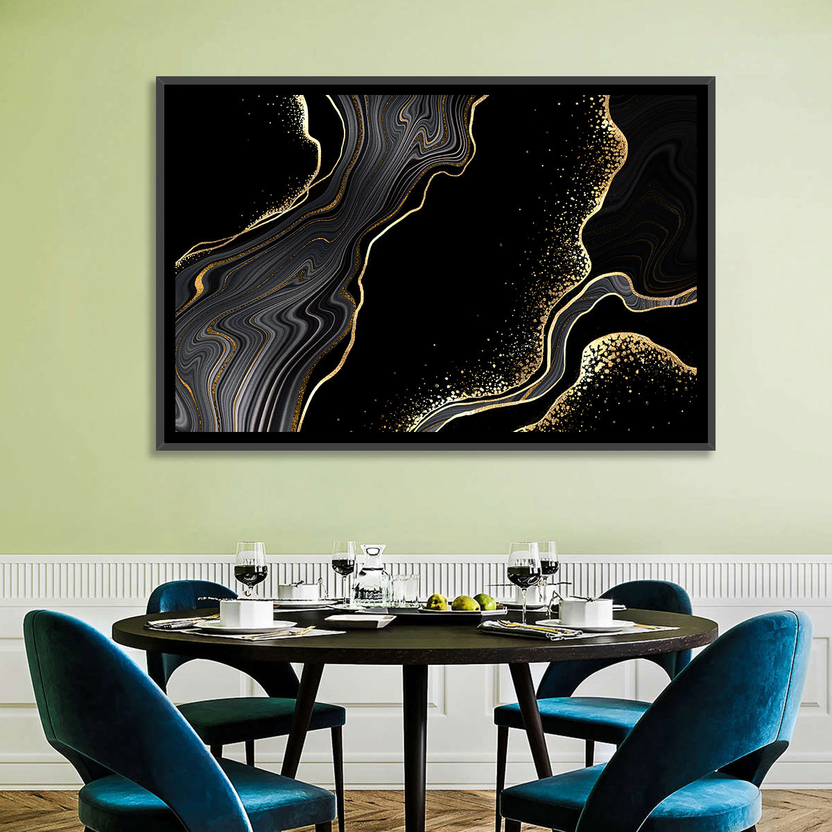 Black Marble with Gold Veins Wall Art in a room, landscape