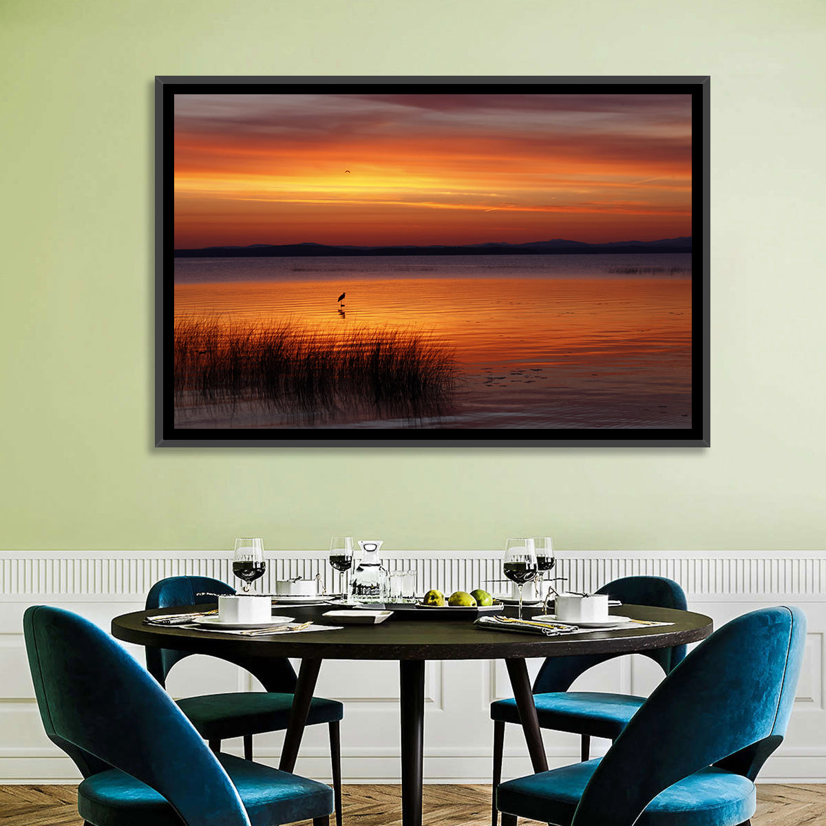 Lake Champlain Sunrise with Heron Wall Art in a room, landscape