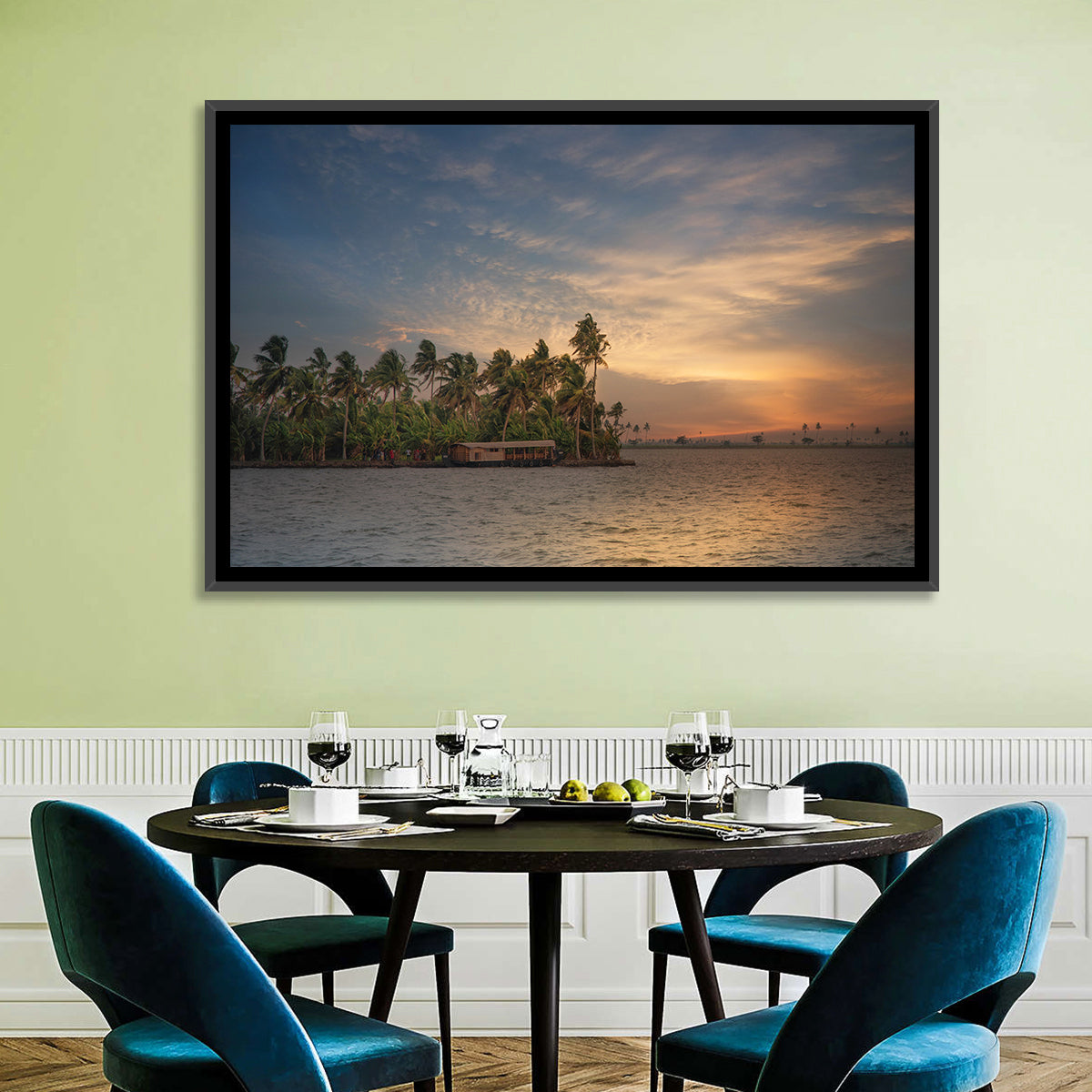 Vembanad Lake Sunset Wall Art in a room, landscape