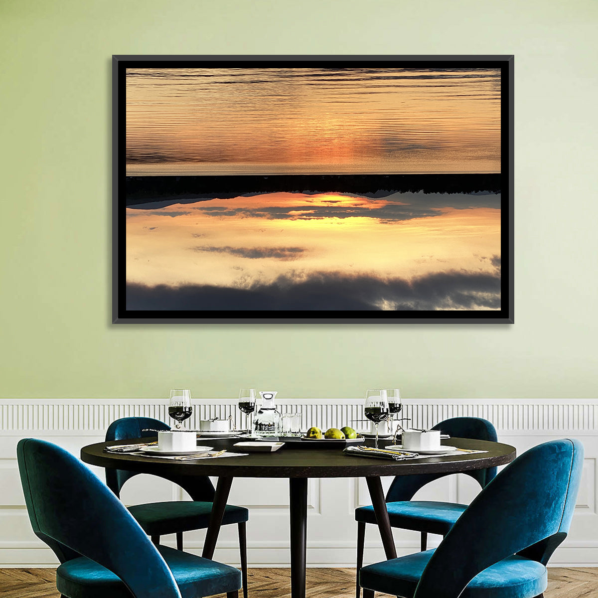 Lake Pleasant Golden Sunset Wall Art in a room, landscape