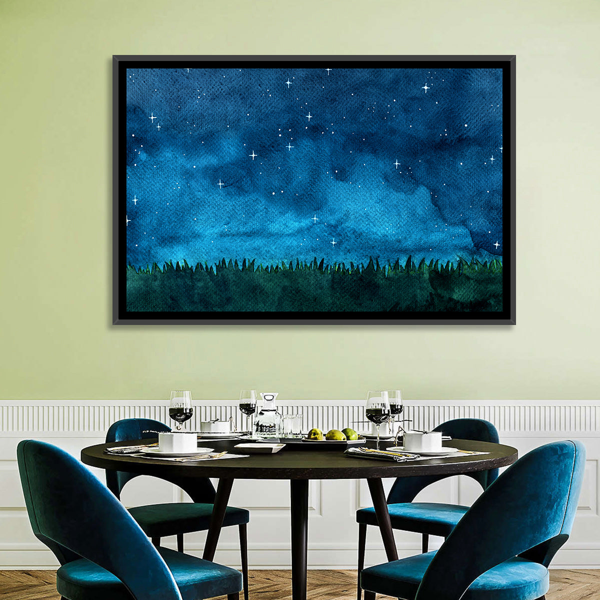 Starry Meadow Nightscape Wall Art in a room, landscape