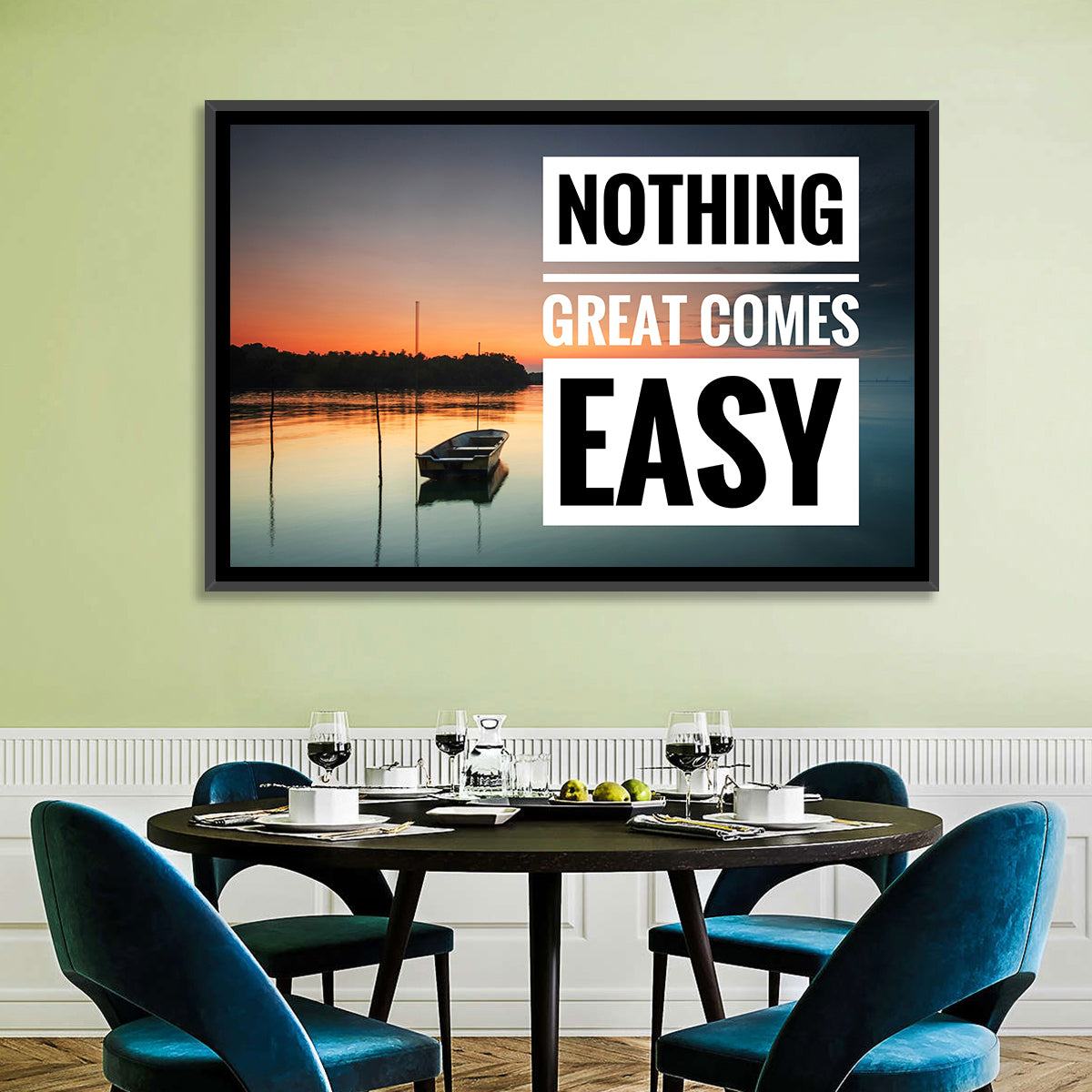 Nothing Great Comes Easy, Boat at Sunrise Wall Art in a room, landscape