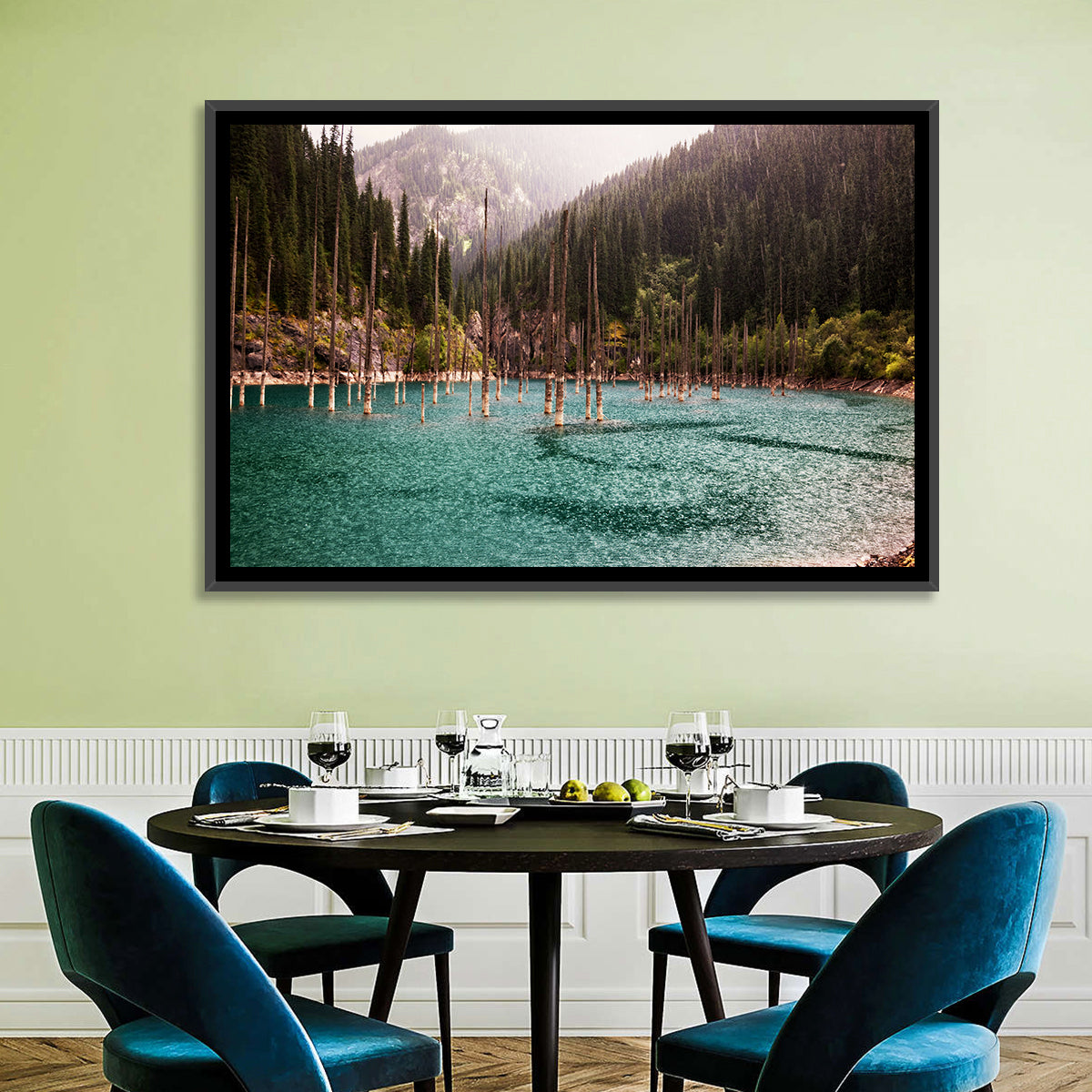 Kaindy Lake Submerged Spruces Wall Art in a room, landscape