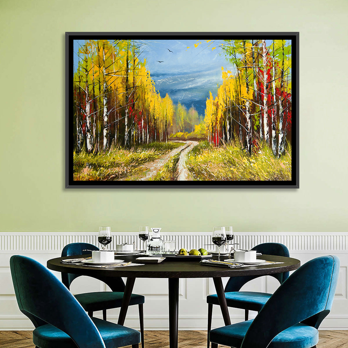 Autumn Birch Path with Two Birds Wall Art in a room, landscape