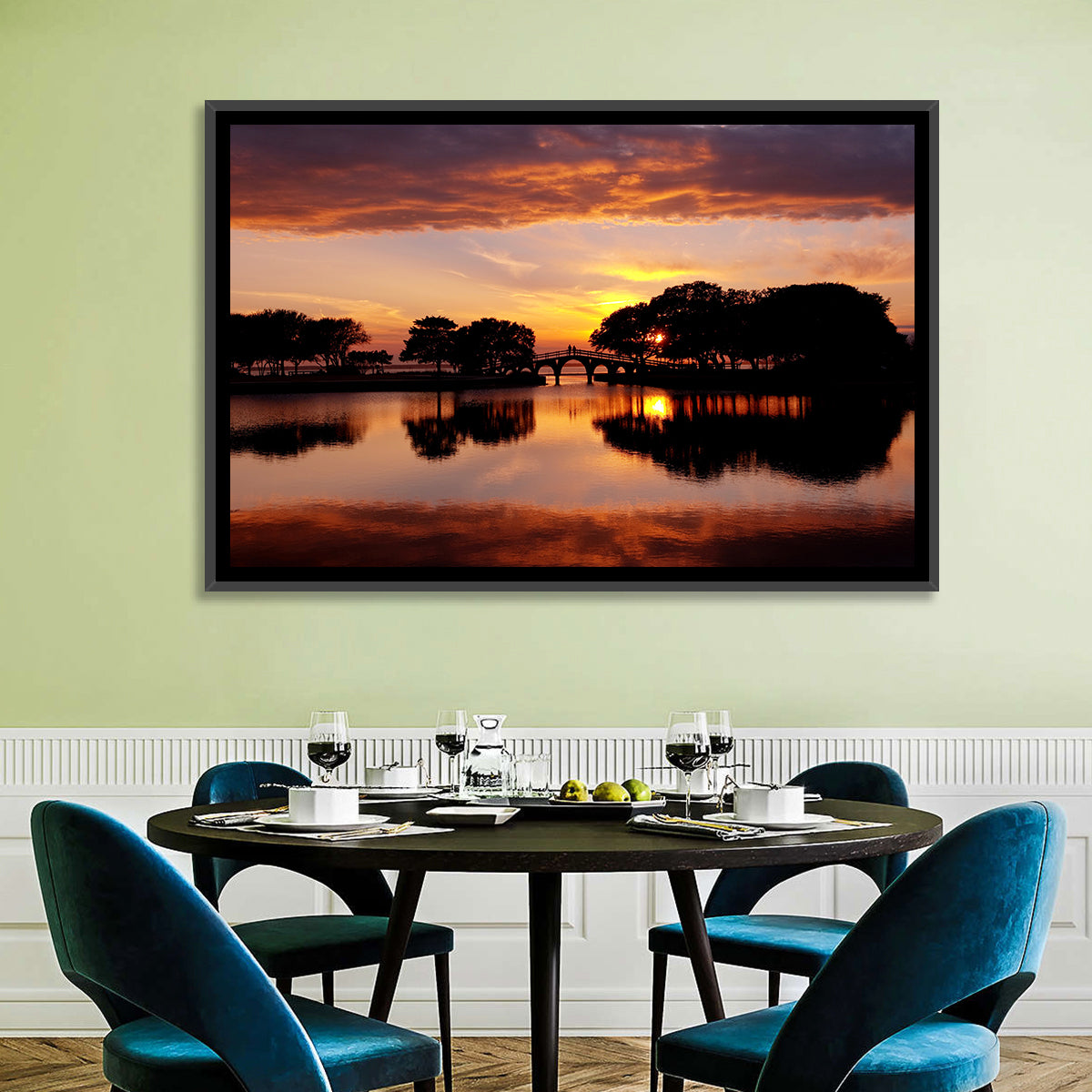 Tranquility Bridge at Sunset Wall Art in a room, landscape