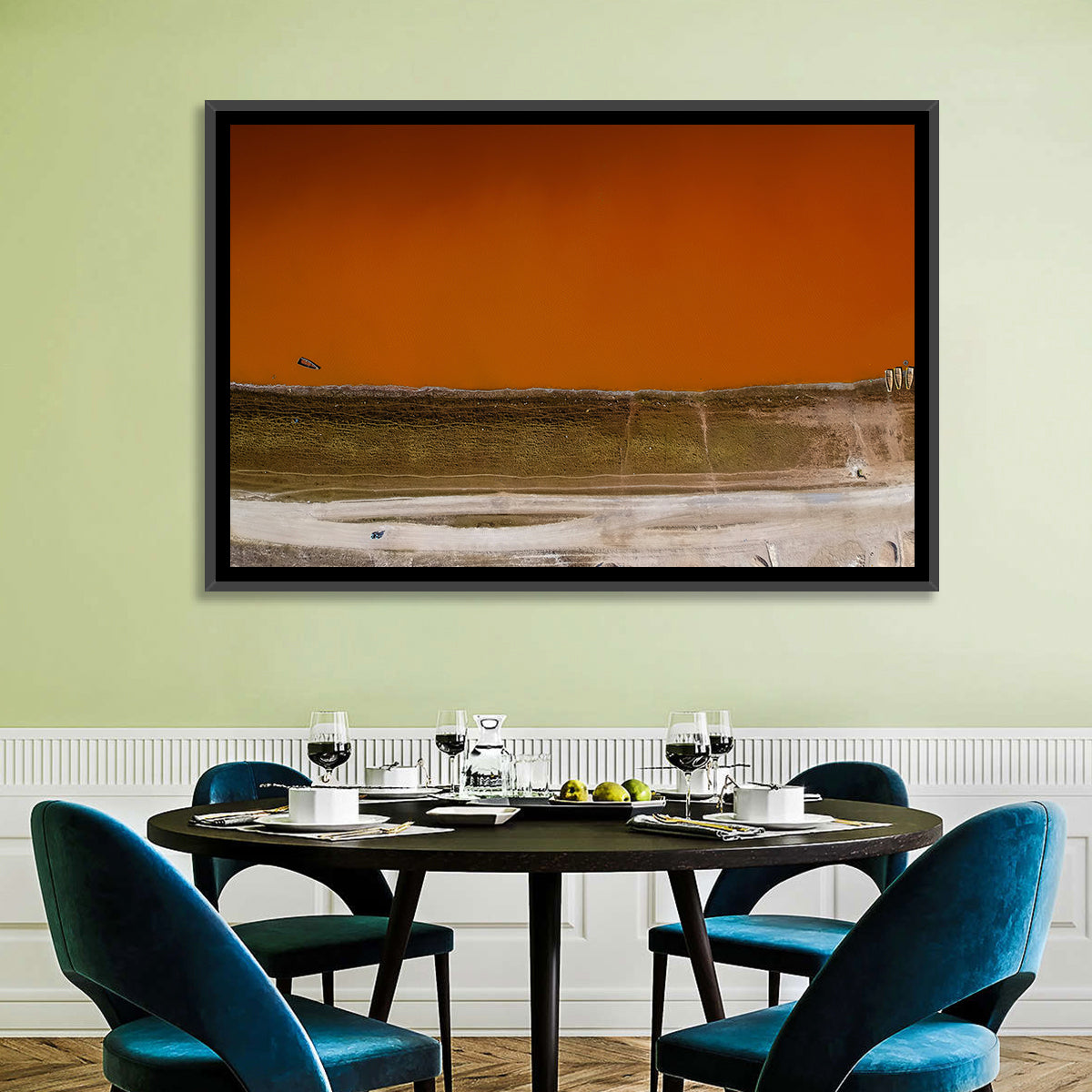 Lake Retba Aerial View Wall Art in a room, landscape