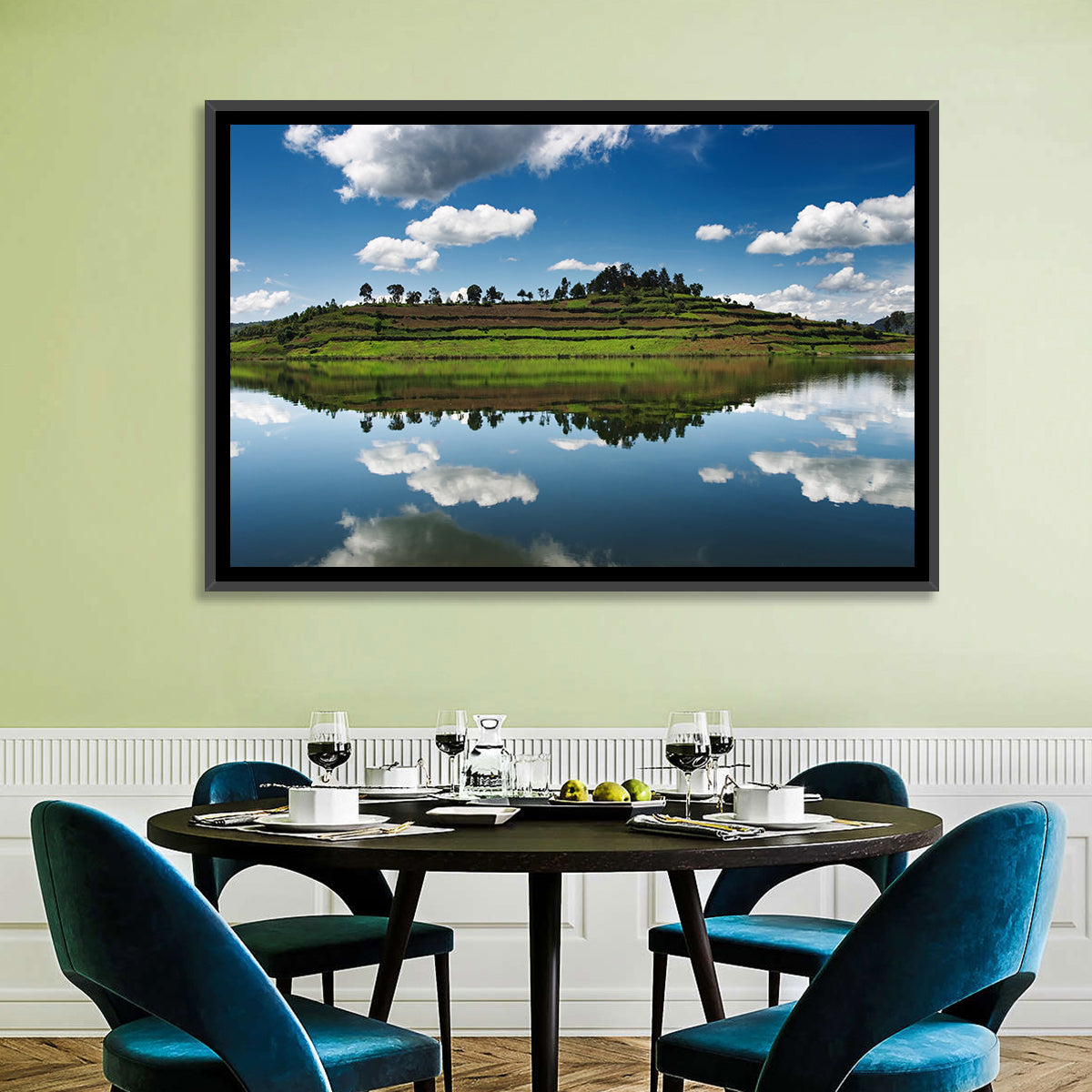 Bunyonyi Lake Reflection Wall Art in a room, landscape