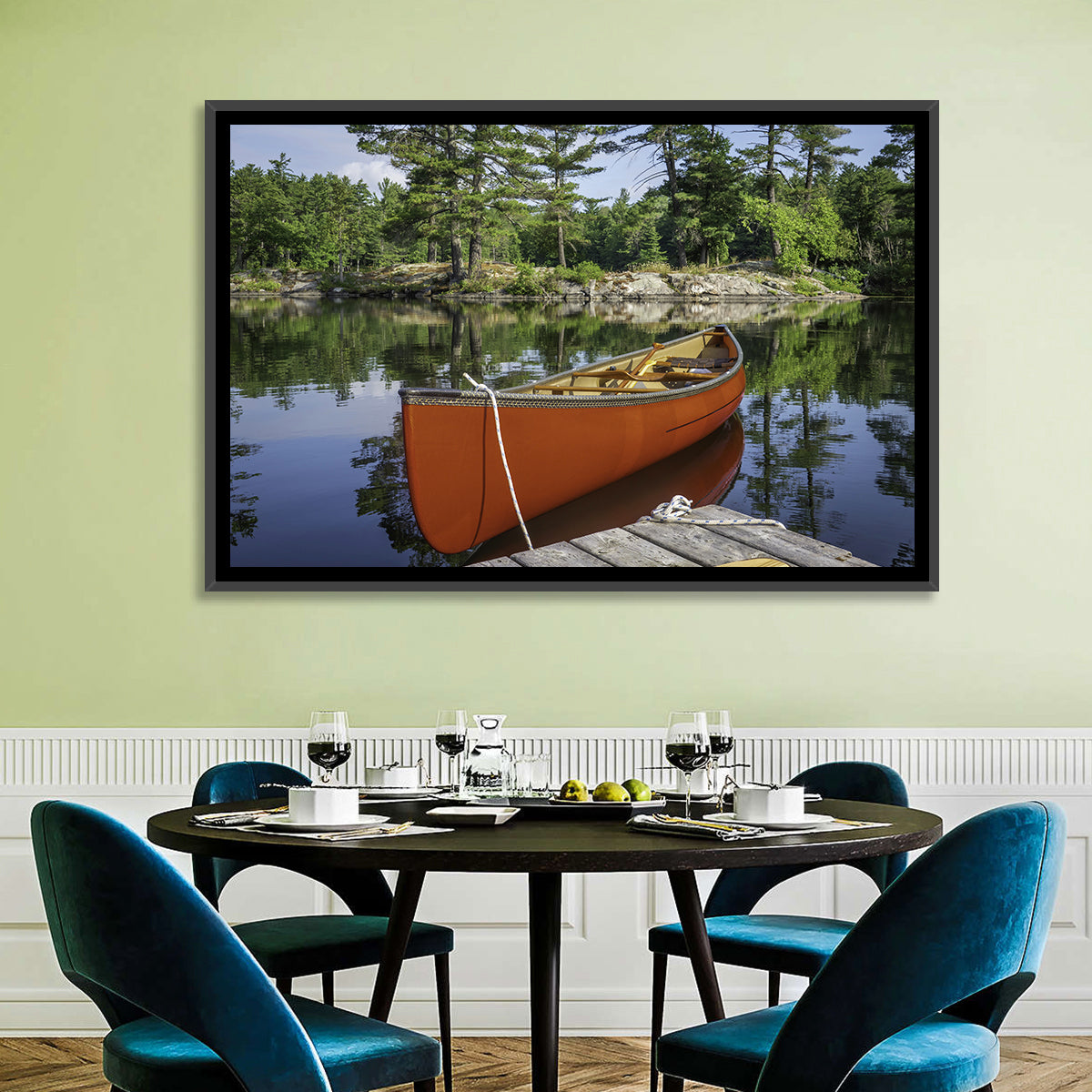 Orange Canoe on Ontario Lake Wall Art in a room, landscape