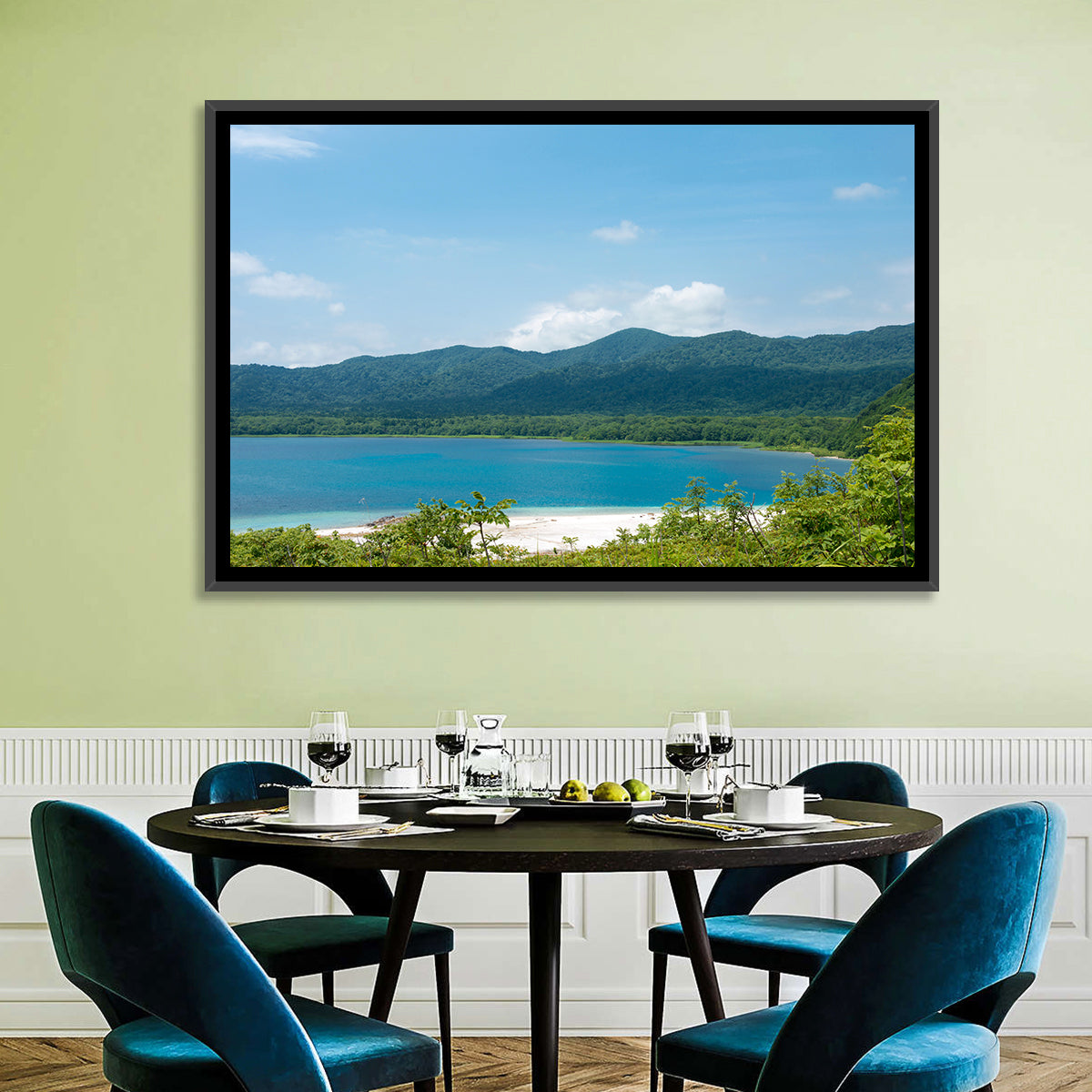 Usori Lake Shoreline Wall Art in a room, landscape