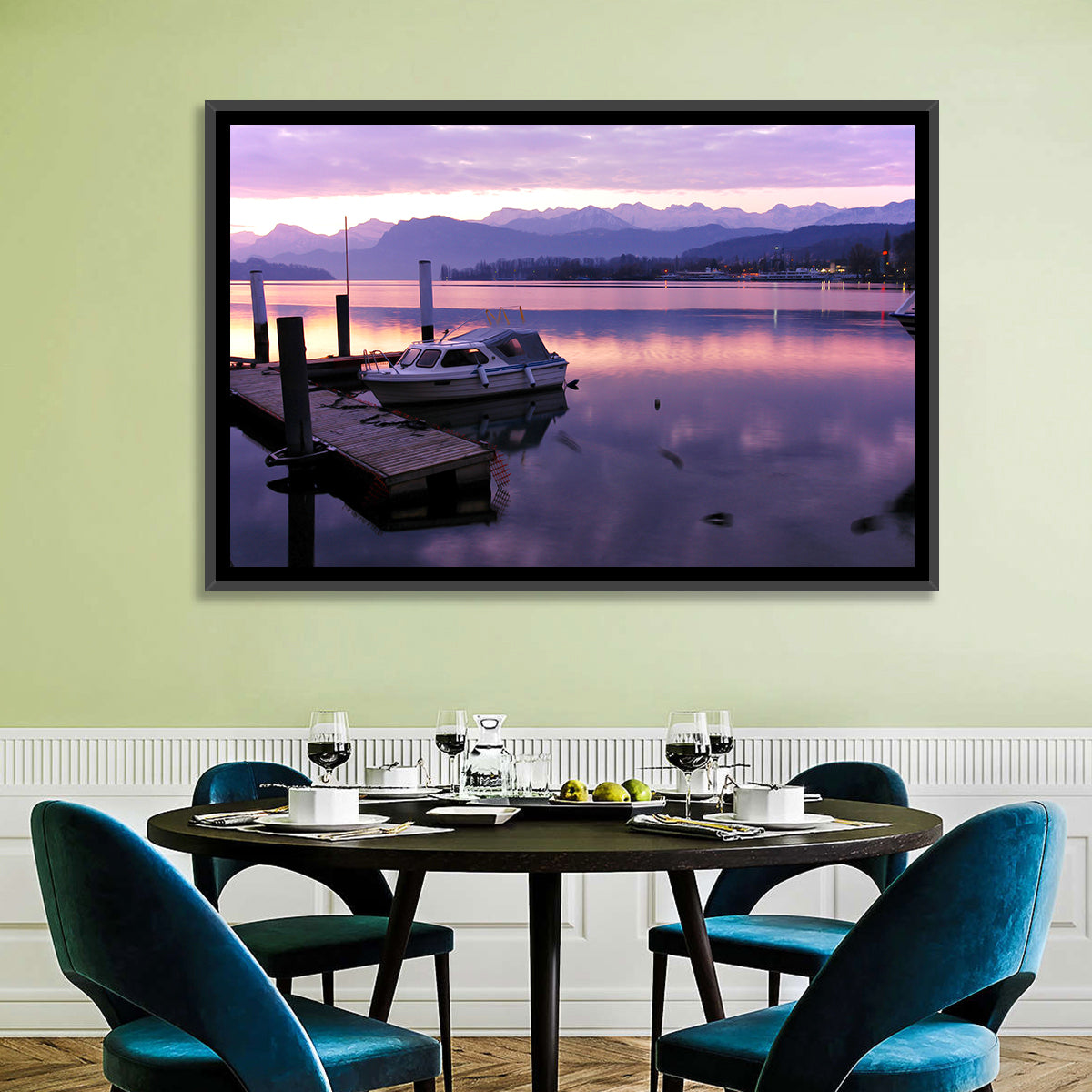 Lake Lucerne Pier at Dusk Wall Art in a room, landscape