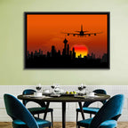 Approaching Jet Over Sunset Skyline Wall Art