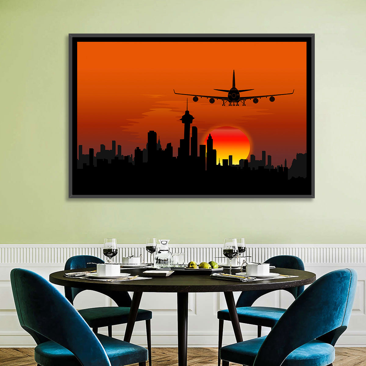 Approaching Jet Over Sunset Skyline Wall Art