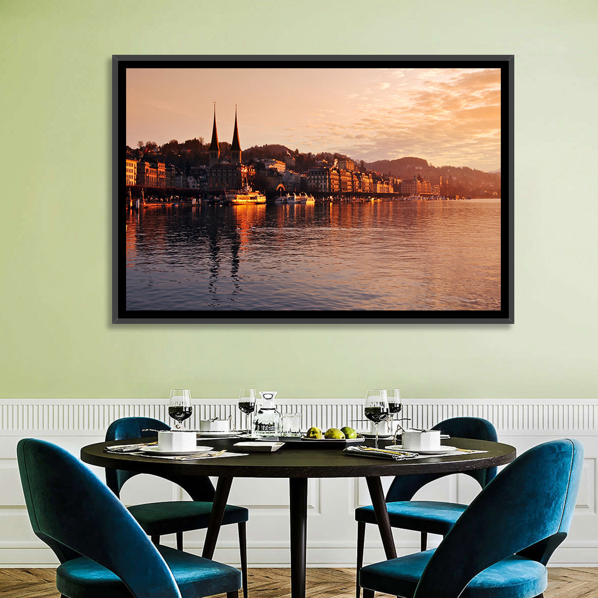 Lucerne Lake Sunset Skyline Wall Art in a room, landscape