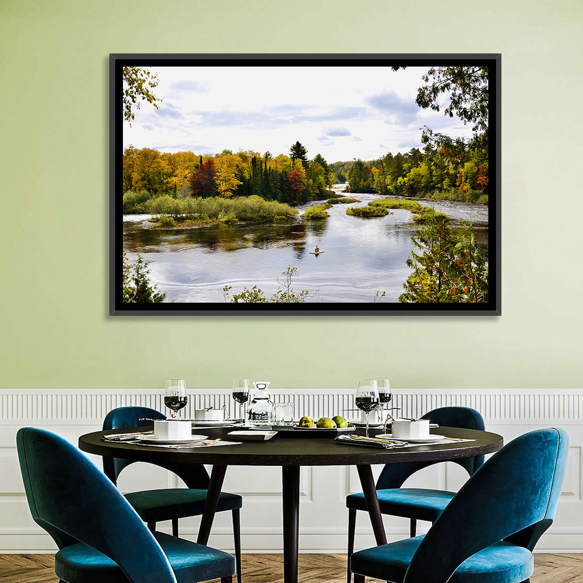 Tahquamenon River Autumn Scene Wall Art in a room, landscape