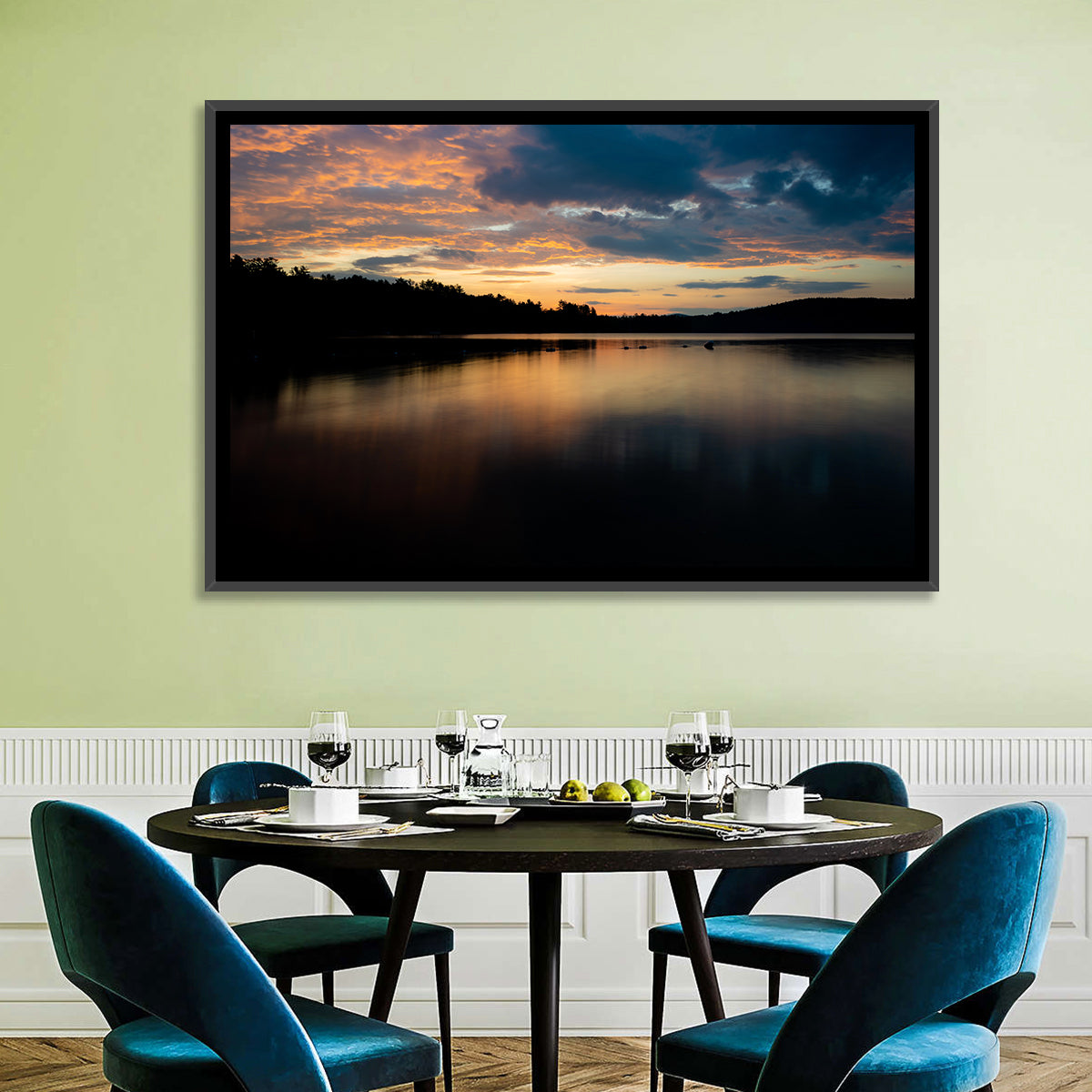 Lake Squam Sunrise Reflection Wall Art in a room, landscape