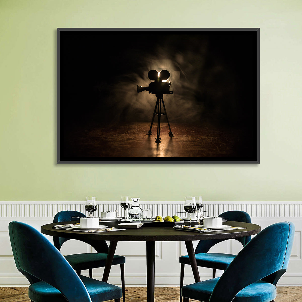 Backlit Vintage Movie Camera Wall Art in a room, landscape