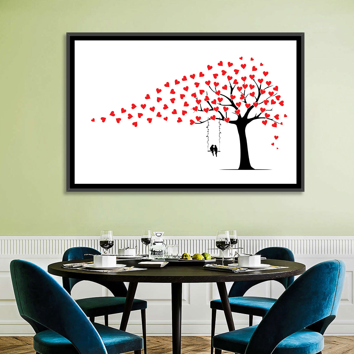 Heart Leaf Tree Silhouette Wall Art in a room, landscape