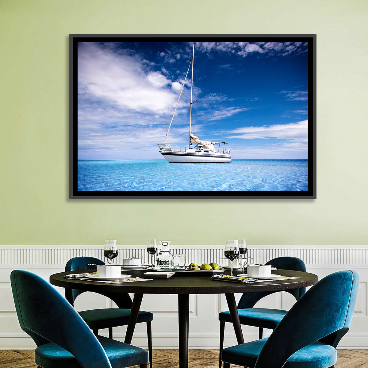 Furled Sails Over Turquoise Water Wall Art in a room, landscape