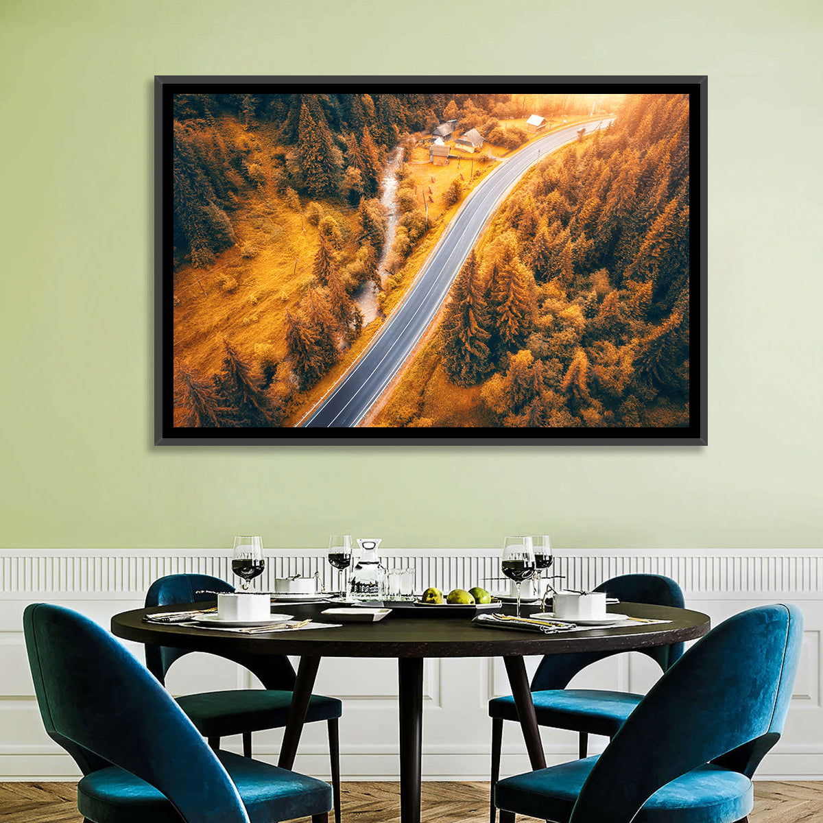 Carpathian Autumn Road Wall Art in a room, landscape