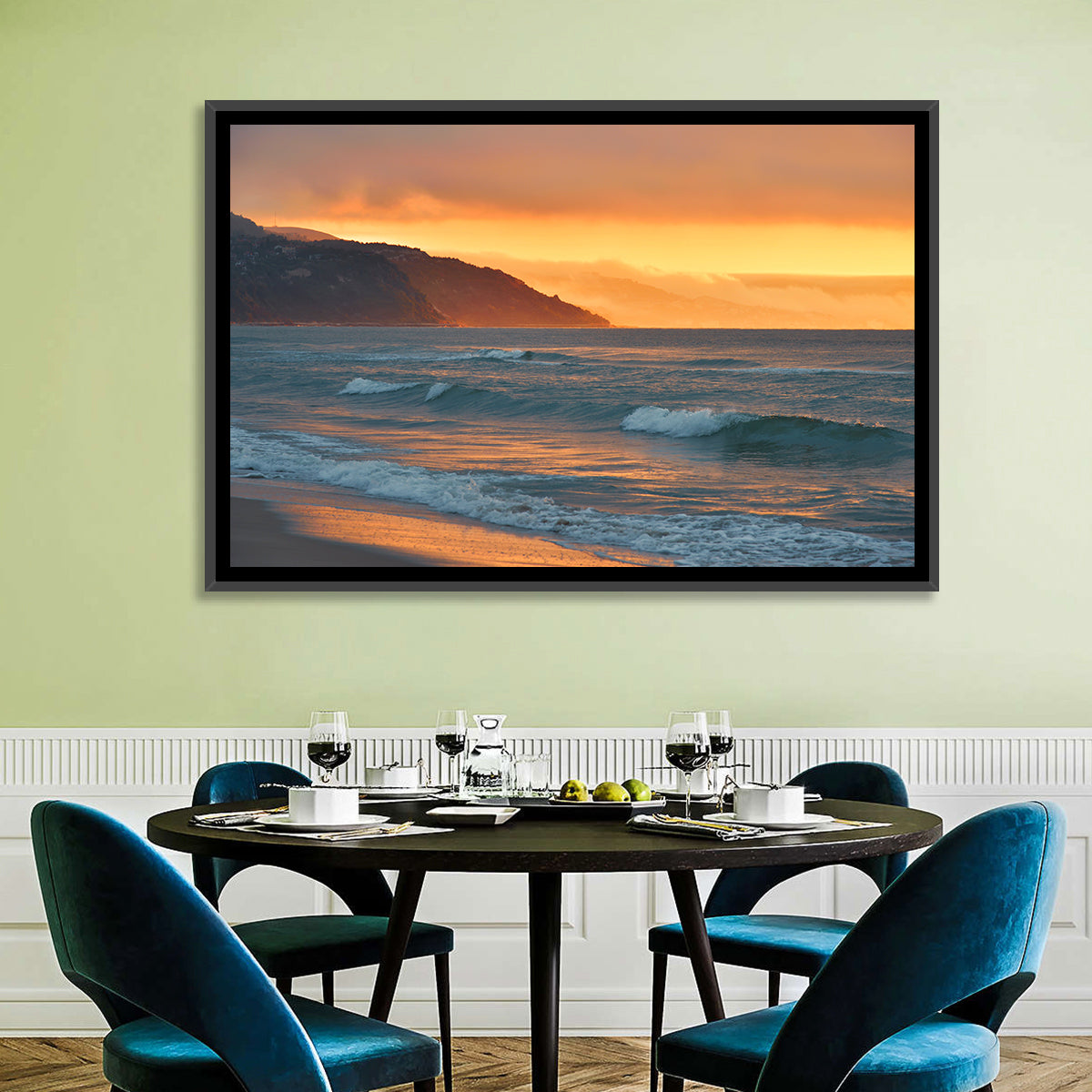 Cliffside Sunset Over Ocean Wall Art in a room, landscape