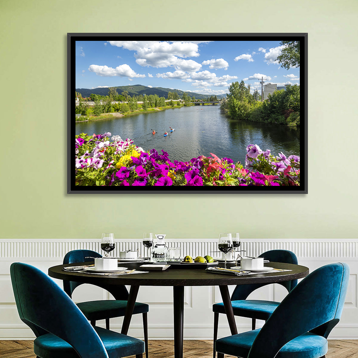 Sand Creek River with Petunias Wall Art in a room, landscape