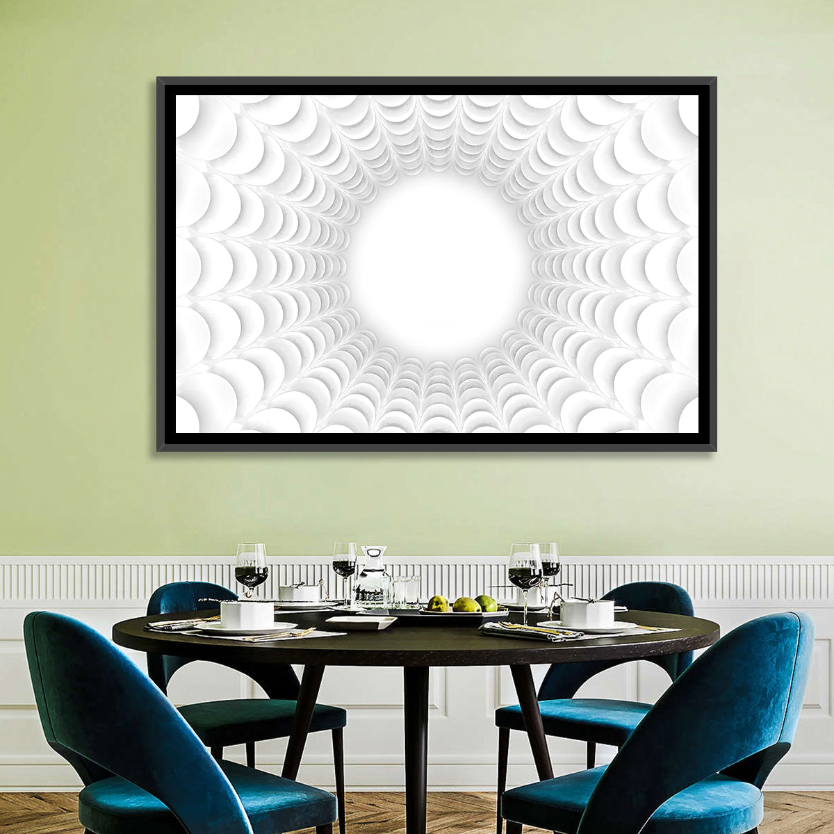 White Bubble Sphere Tunnel Wall Art in a room, landscape