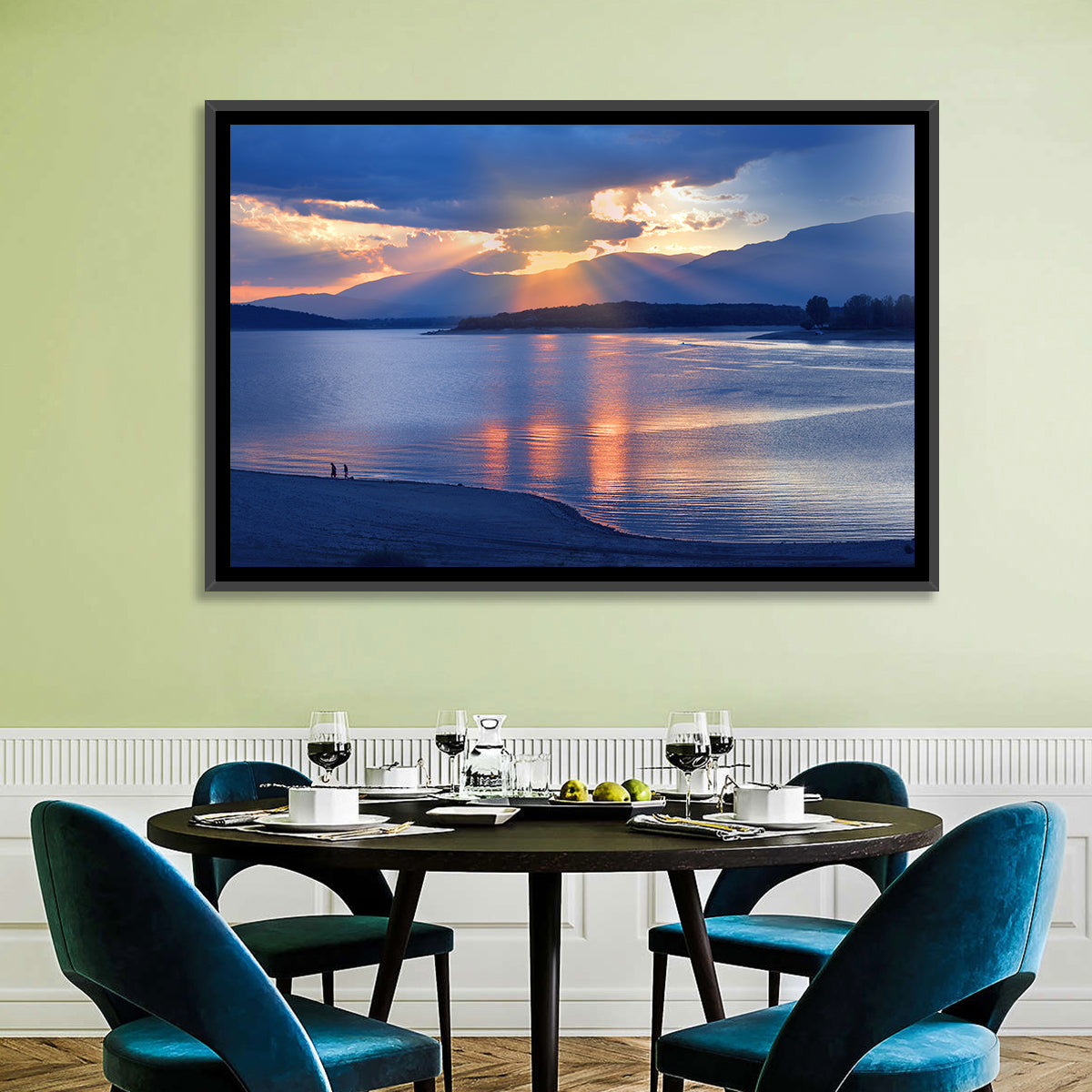 Lake Sunset with Silhouettes Wall Art in a room, landscape