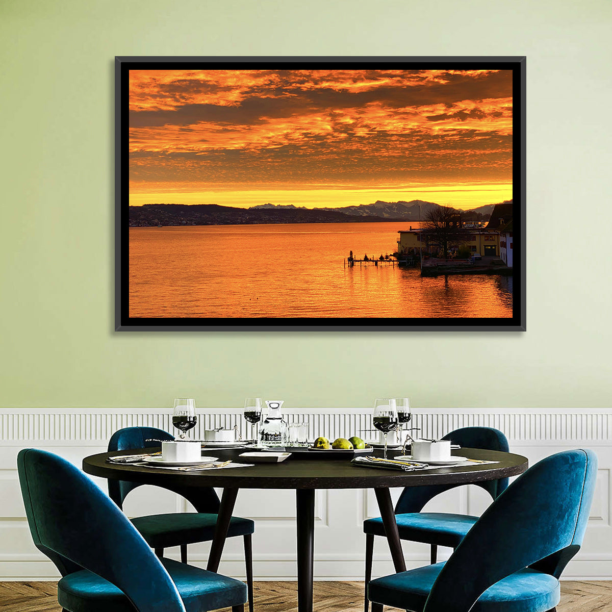 Lake Zurich Golden Sunset Wall Art in a room, landscape