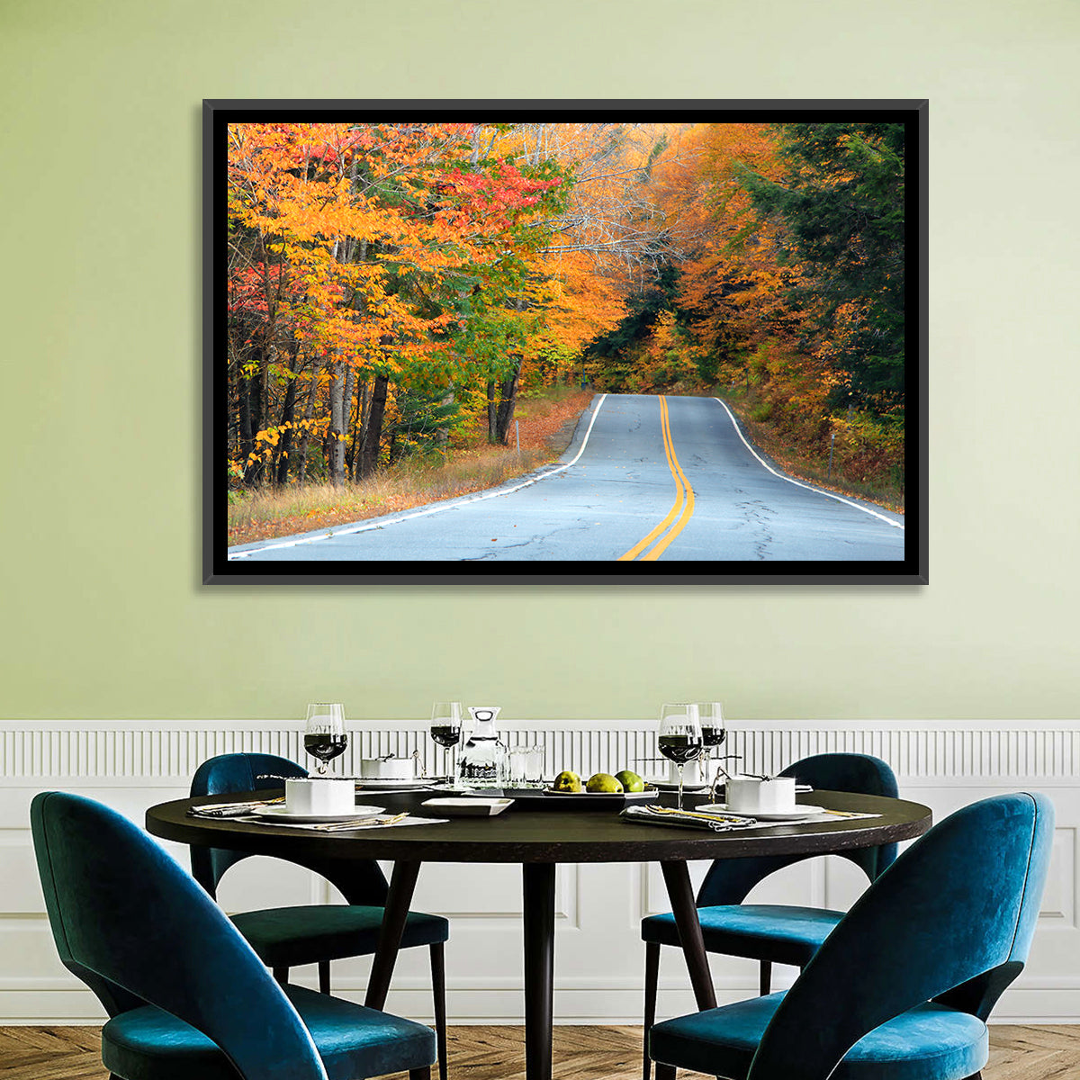 Autumn Road in New Hampshire Wall Art in a room, landscape