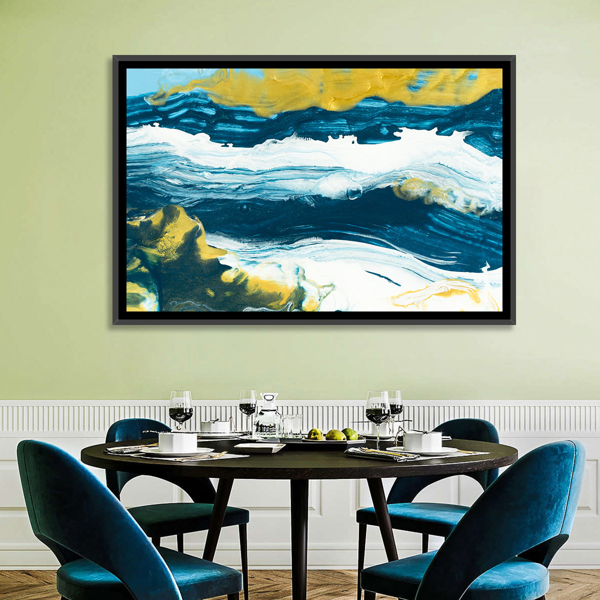 Flowing Streams with Gold Accents Wall Art in a room, landscape