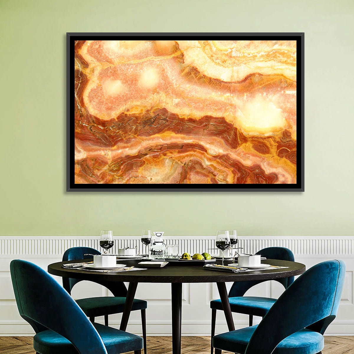 Golden Agate Stone Abstract Wall Art in a room, landscape