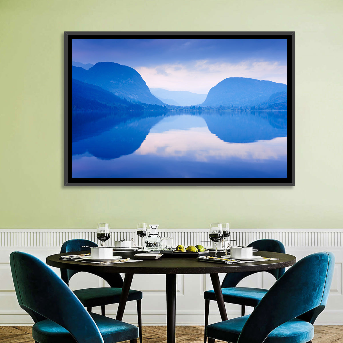 Lake Bohinj Morning Reflection Wall Art in a room, landscape