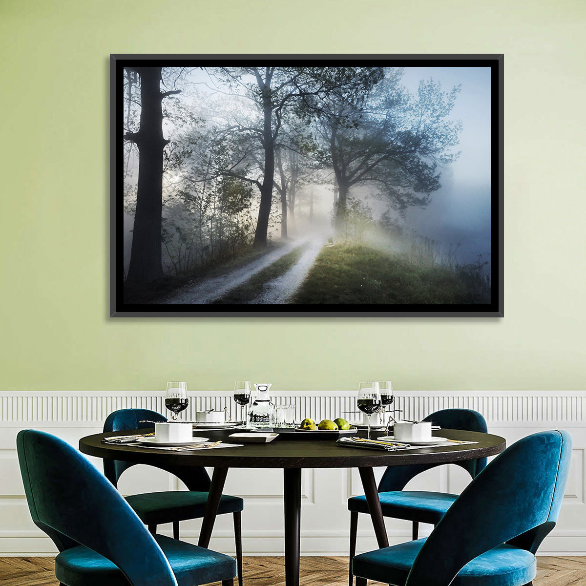 Foggy Forest Path Wall Art in a room, landscape