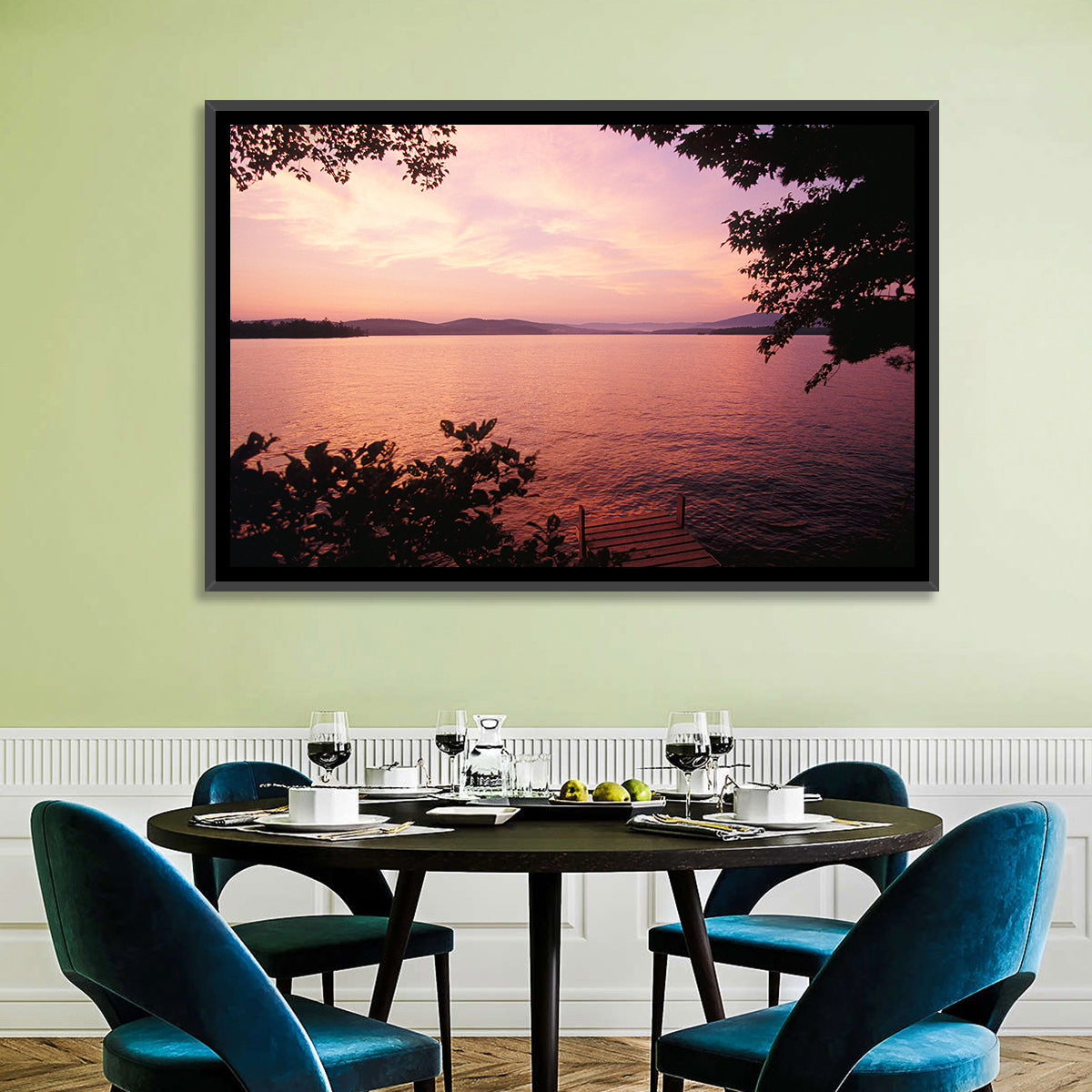 Lake Winnipesaukee Sunset Wall Art in a room, landscape