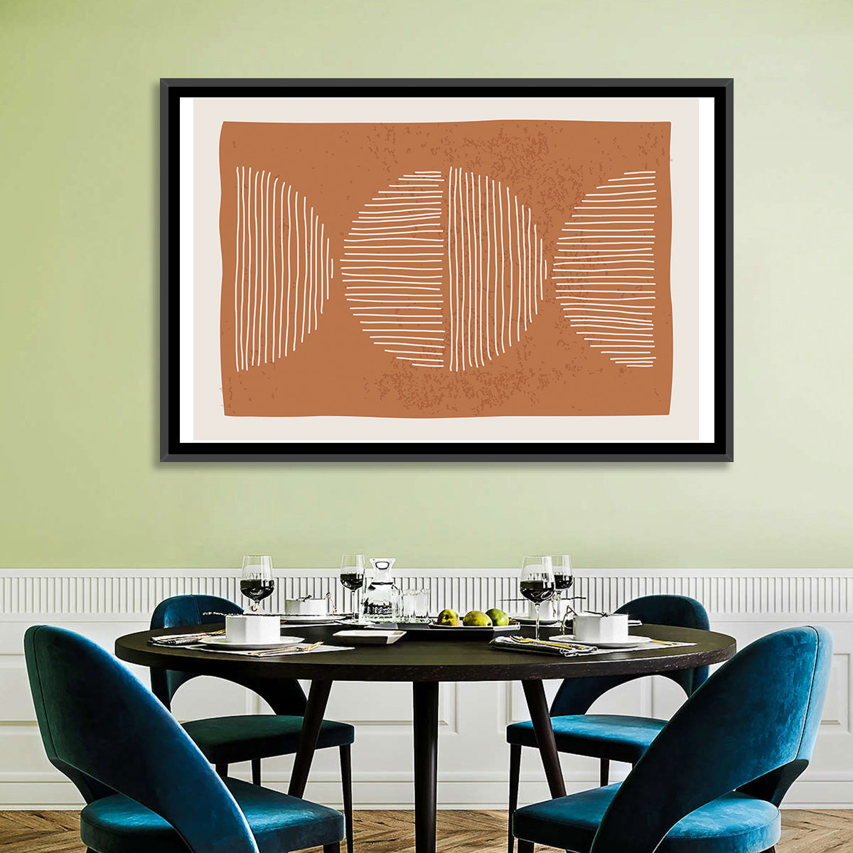 Terracotta Timelapse Circles Wall Art in a room, landscape