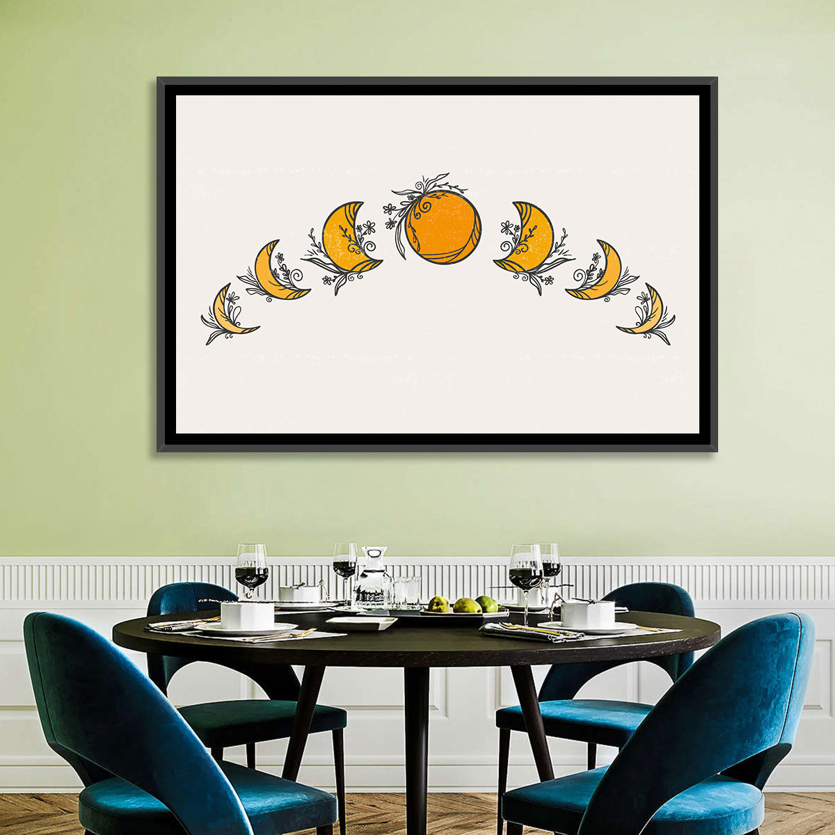Lunar Phases Floral Arc Wall Art in a room, landscape