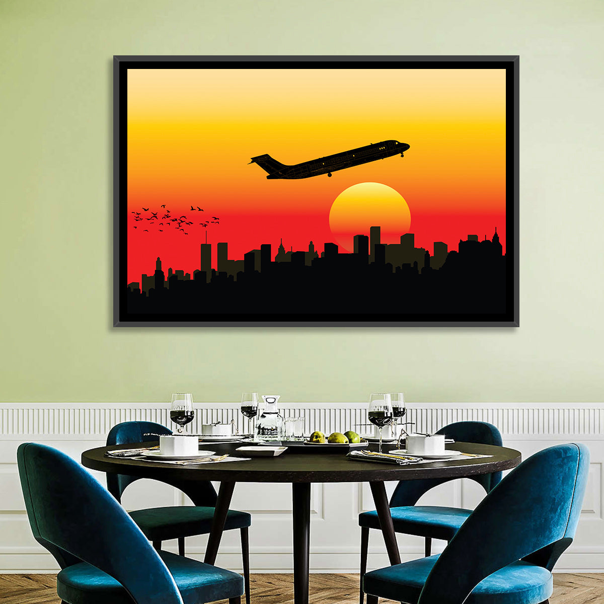 Airplane Over Sunset Skyline Wall Art in a room, landscape
