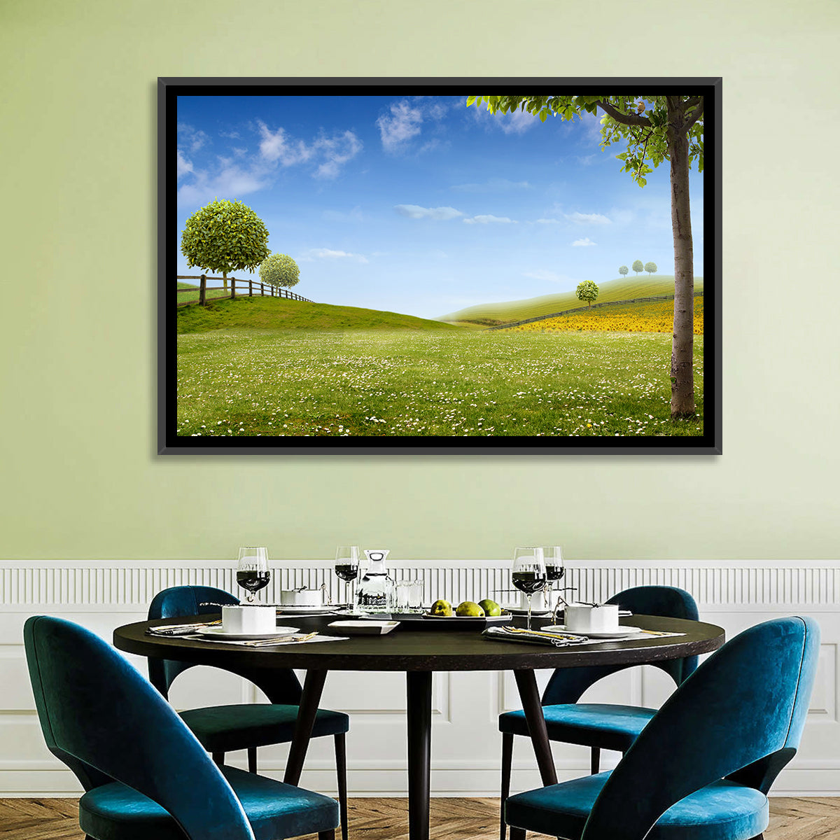 Green Sunflower Fields Wall Art in a room, landscape