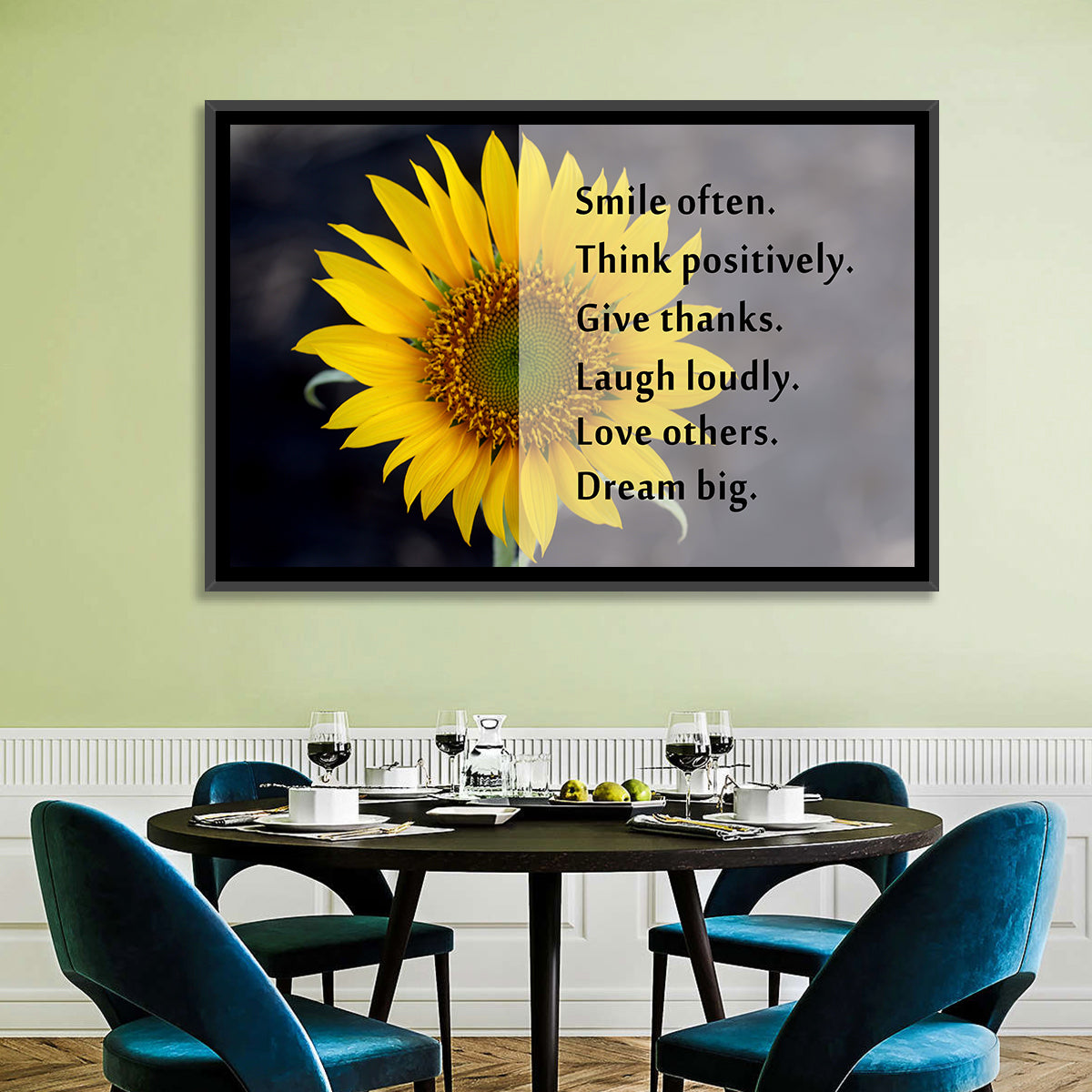 Sunflower Smile Typography Wall Art in a room, landscape