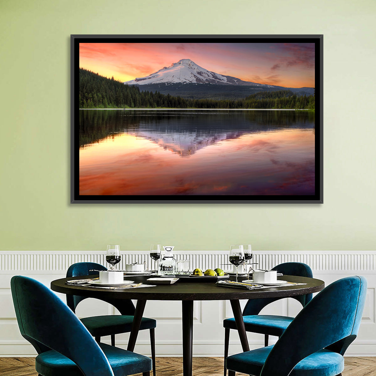 Mount Hood Reflected at Trillium Lake Wall Art in a room, landscape