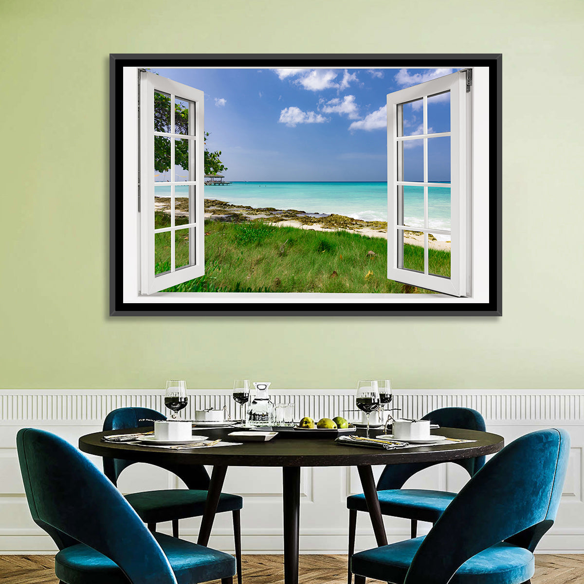 Gazebo on Pier Over Turquoise Ocean Wall Art in a room, landscape