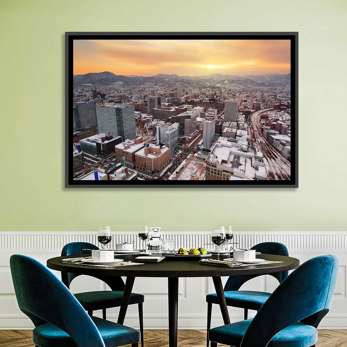Sapporo Station Skyline at Golden Hour Wall Art in a room, landscape