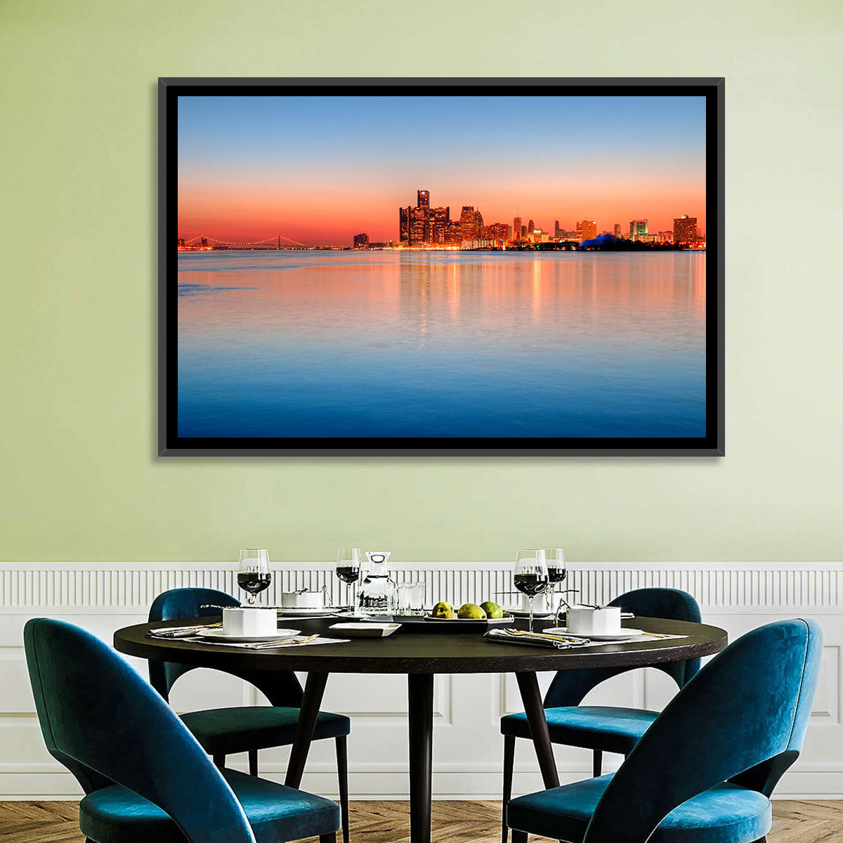 Detroit Golden Hour Skyline Wall Art in a room, landscape
